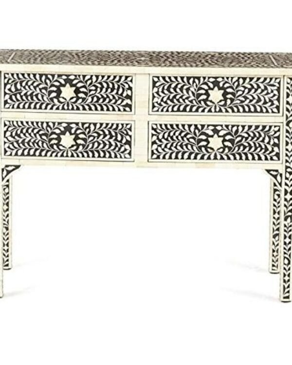Floral Bone Inlay Console with 4 Drawers in Black