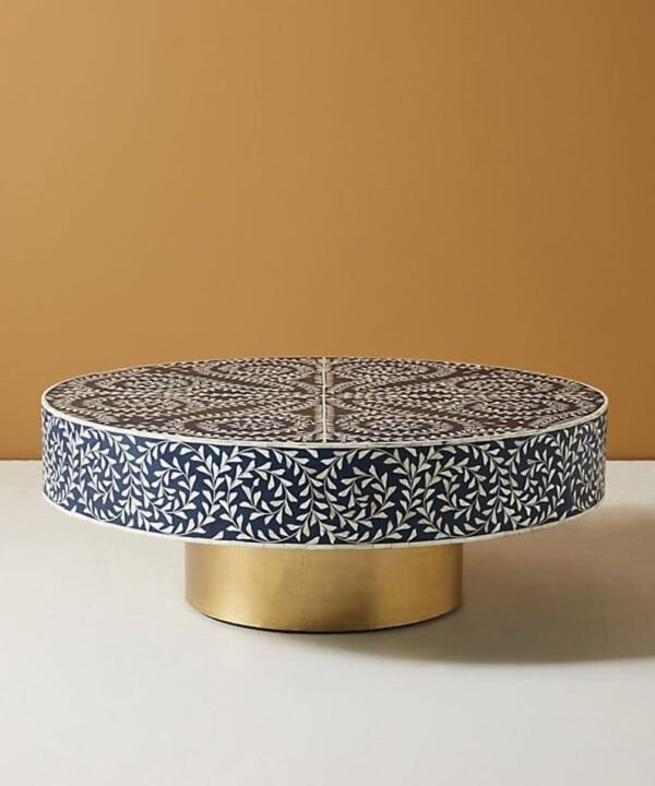 Bone Inlay Coffee Table Floral Intertwine with Brass Polished Base