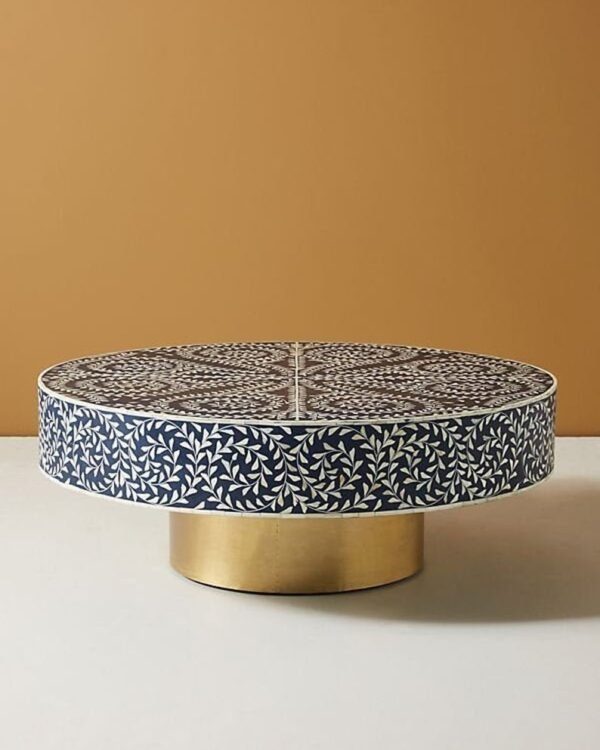 Bone Inlay Coffee Table Floral Intertwine with Brass Polished Base