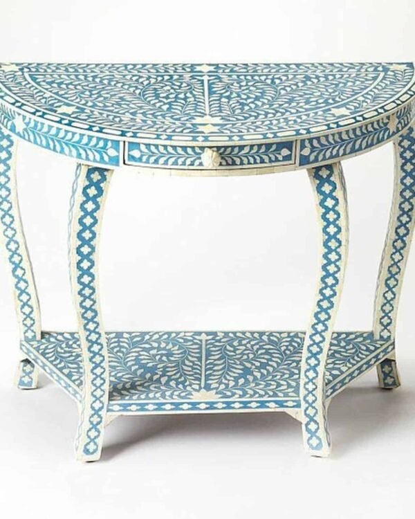 Floral Bone Inlay Console Table in Light Blue