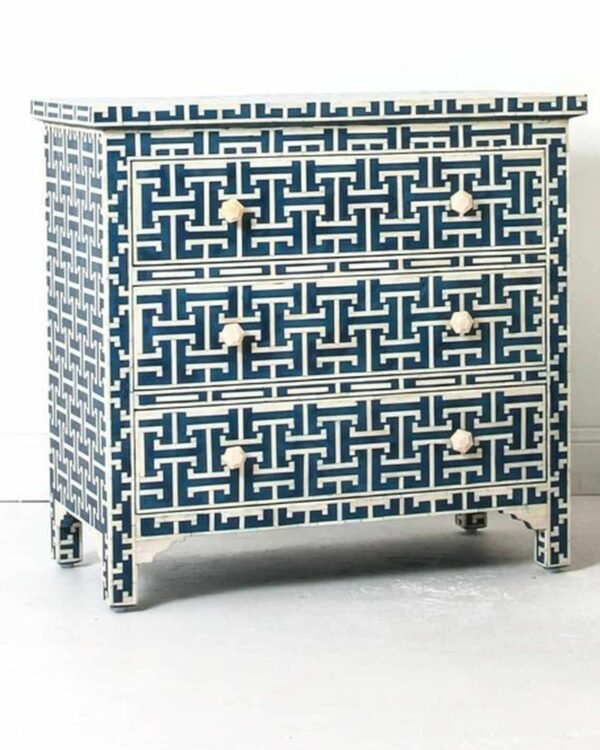 Dark Blue Bone Inlay Chest Of 3 Drawers Lattice