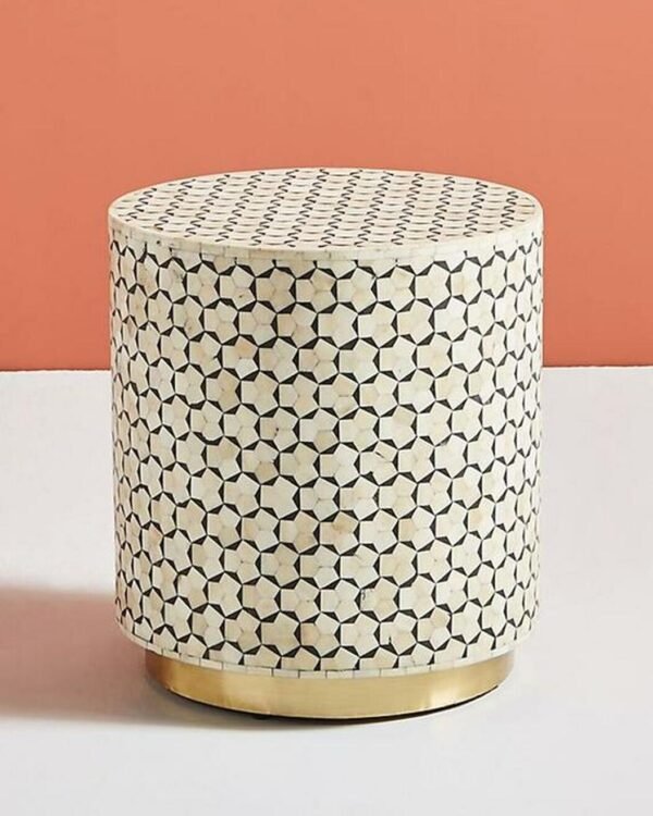 Targua Bone Inlay Drum / Side table in Black and White with Brass polished Base
