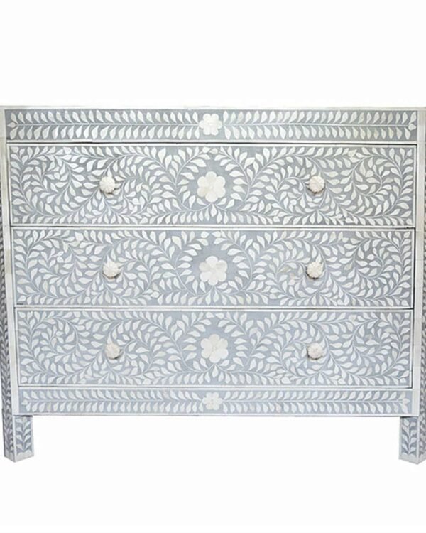 Bone Inlay Floral Chest of 3 Drawers Tapered Edges