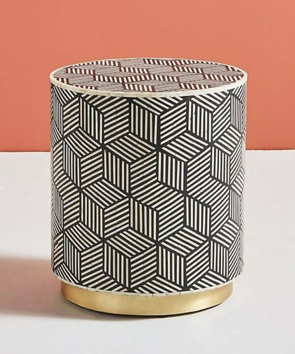 Side table in Black / Bone Inlay Drum with Brass Polished Base