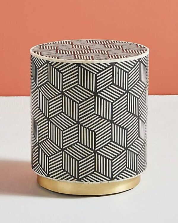 Side table in Black / Bone Inlay Drum with Brass Polished Base