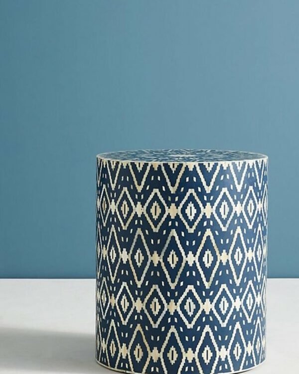 Ikat Bone Inlay Drum / Stool / Side Table in Dark Blue