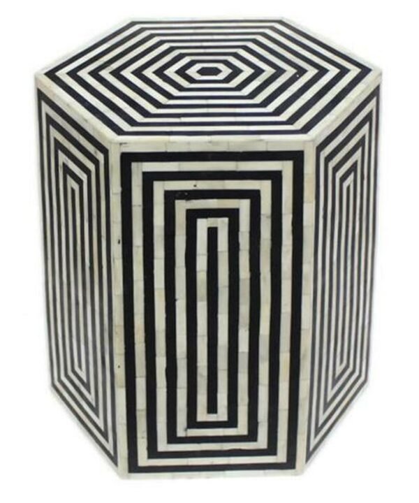 Striped Hexagonal Bone Inlay Black Side table / Stool