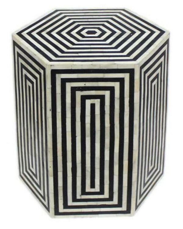Striped Hexagonal Bone Inlay Black Side table / Stool