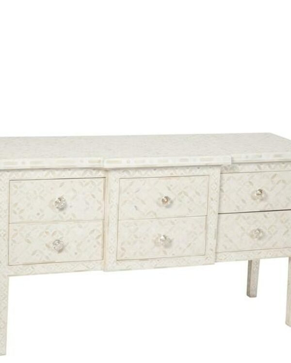 Geometric Bone Inlay 6 Drawers Console Table in White