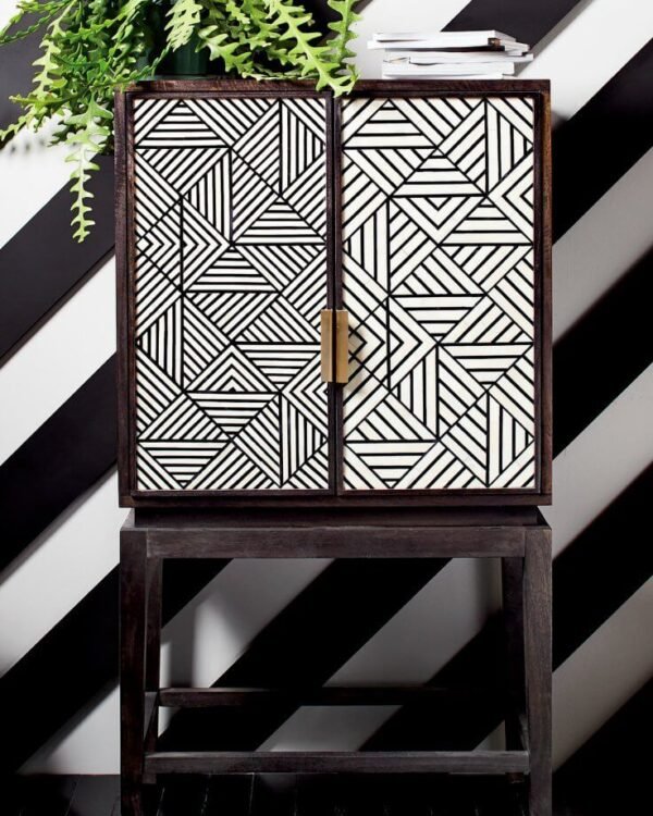 Striped Black Bone Inlay Bar Cabinet