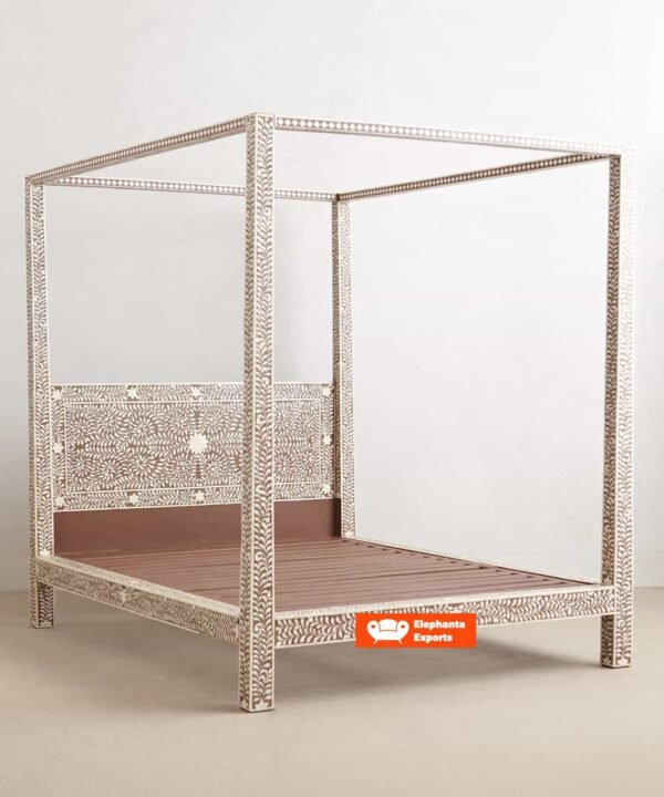 Floral Brown 4 Post Bone Inlay Bed