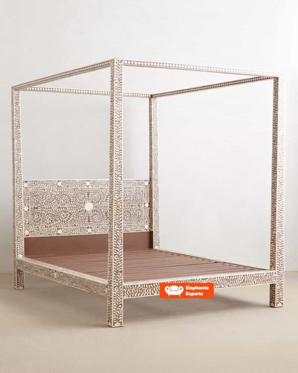 Floral Brown 4 Post Bone Inlay Bed