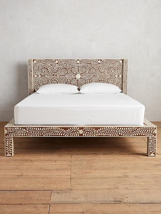 Floral Brown Bone Inlay Bed Frame