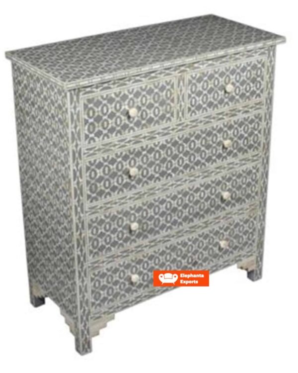 Geometric Design Bone Inlay Chest of 5 Drawers in Grey