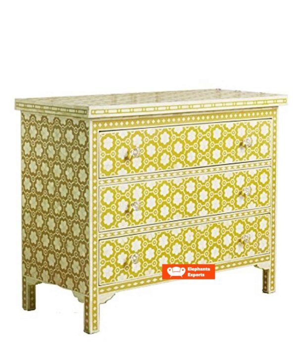 Mustard Color Bone Inlay Chest of 3 Drawers in Floral