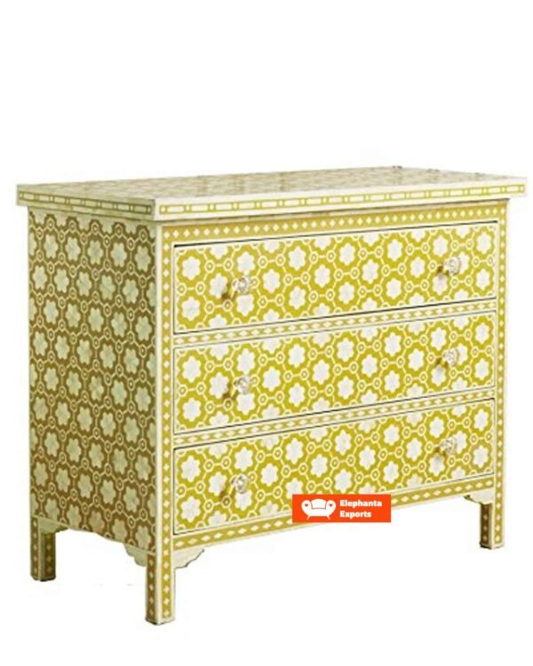 Mustard Color Bone Inlay Chest of 3 Drawers in Floral