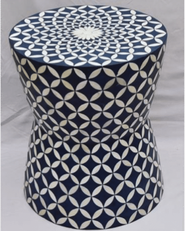 Bone Inlay Drum / Bar Stool in Dark Blue Geometric Pattern