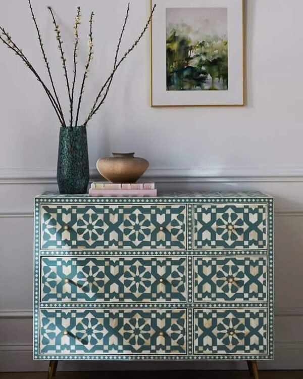 Moroccan Bone Inlay Chest of 6 Drawers in Green