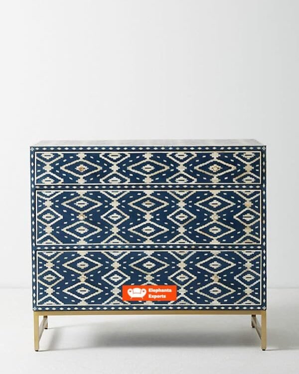 Ikat Design Handmade Bone Inlay Chest of 3 Drawers Table in Blue