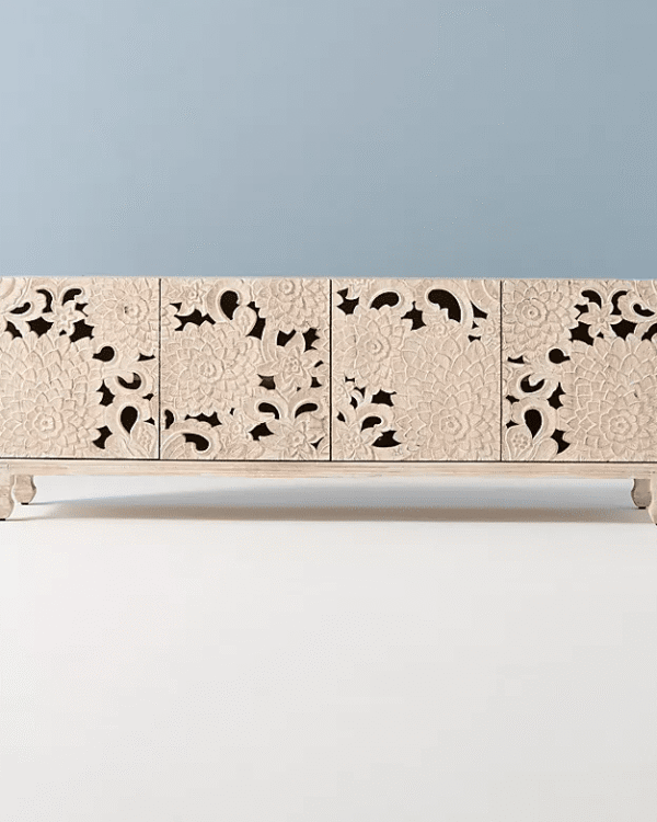 Wooden Media Cabinet Handcarved Lotus Design