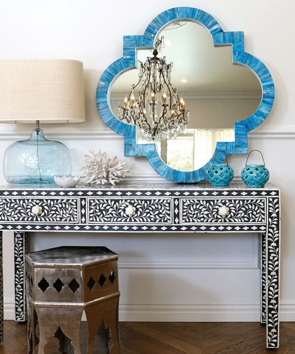Quatrefoil Bone Inlay Mirror Turquoise