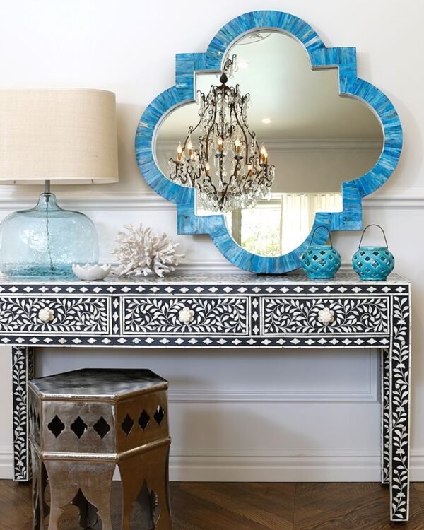 Quatrefoil Bone Inlay Mirror Turquoise