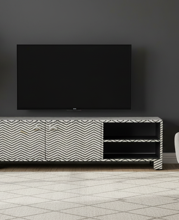Chevron Bone Inlay Media Console / Entertainment Unit in Black