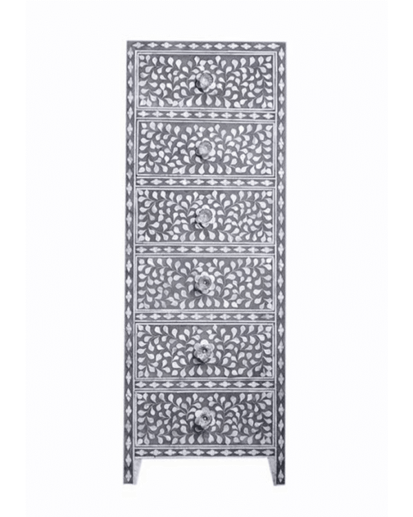Mother of Pearl Inlay Tall Boy Chest Floral in Grey