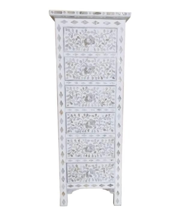 Mother of Pearl Inlay Tall Boy Chest Floral in White