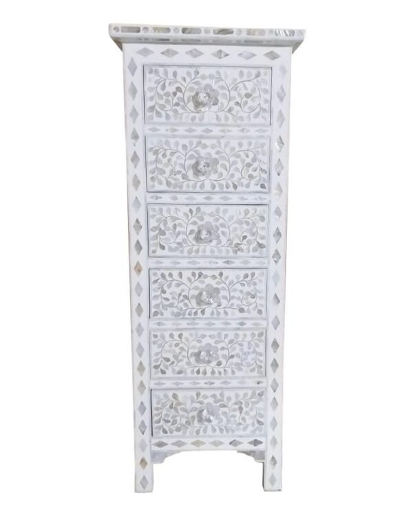 Mother of Pearl Inlay Tall Boy Chest Floral in White