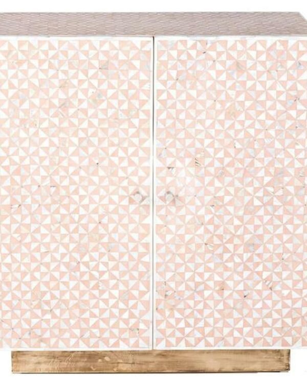 Geometric Design Mother of Pearl Cabinet with Brass Polished Base in Light Pink