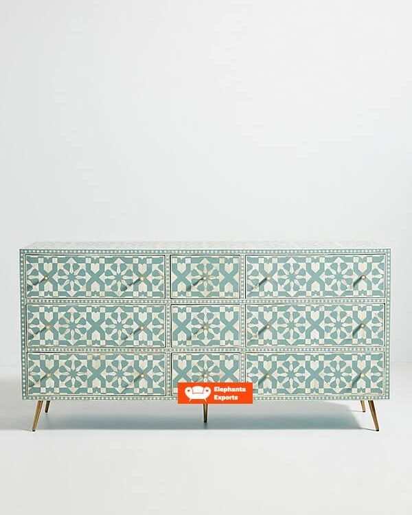 Moroccan Bone Inlay Chest of 9 Drawers in Light Green
