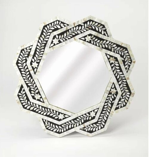 Octagonal Floral Wall Mirror in Black