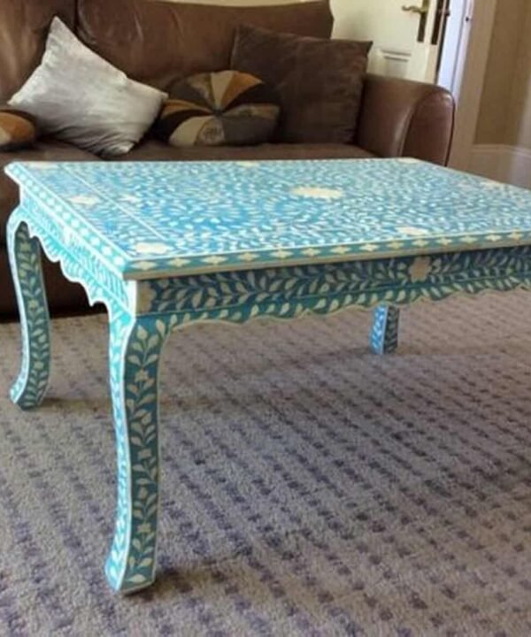 Floral Bone Inlay Coffee Table / Centre Table in Blue