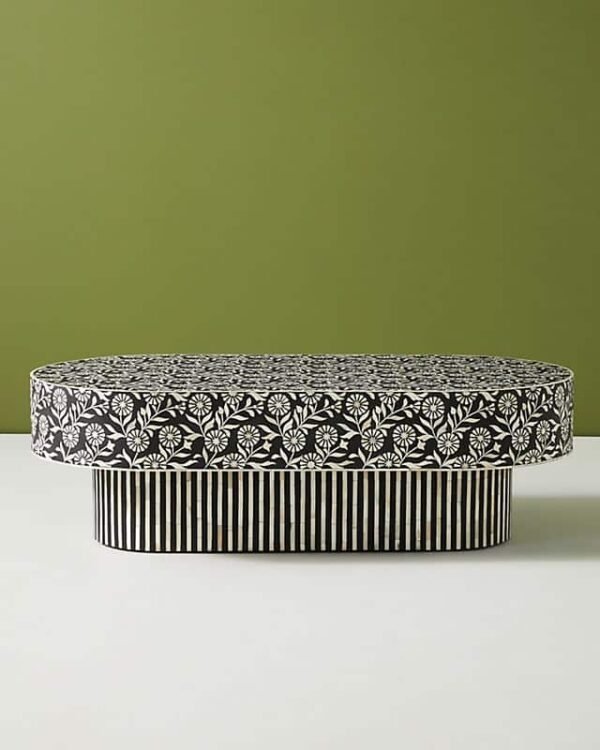 Indian Bone Inlay Coffee Table Oval in Black