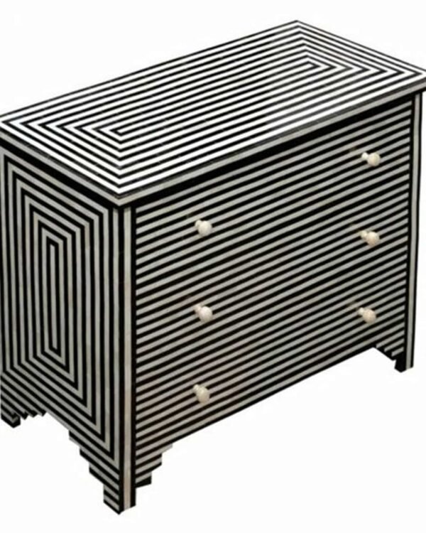Striped Pattern Bone Inlay Chest of 3 Drawers in Black