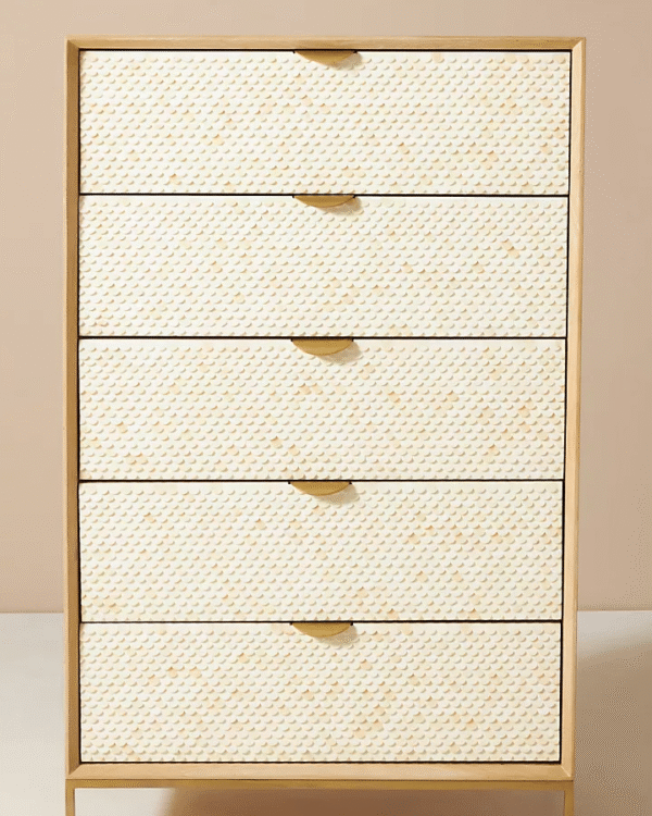 Bone Inlay Tall Boy Dresser Fish Scale Neutral